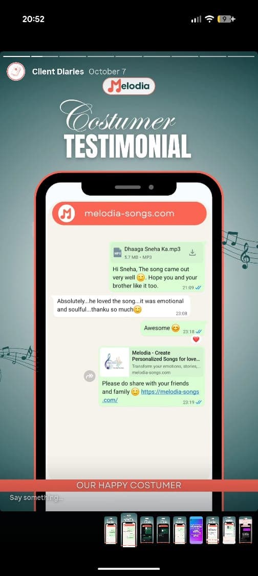 Customer testimonial 3 - Happy Melodia user sharing their experience