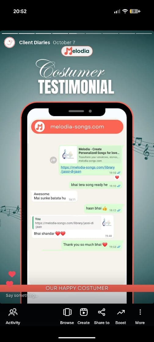 Customer testimonial 6 - Happy Melodia user sharing their experience