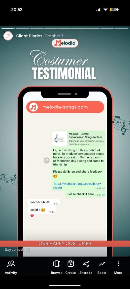 Customer testimonial 8 - Happy Melodia user sharing their experience